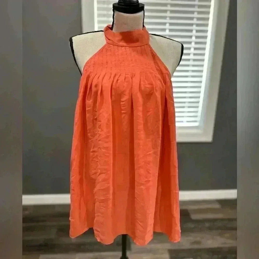 Alice + Olivia 100% Silk Coral Fit and Flare Mini Dress Halter Neck Lined Medium
